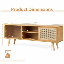 Tangkula Mid Century Modern TV Stand for TVs up to 55 Inch, Bamboo Entertainment Center w/PE Rattan & Tempered Glass Sliding Doors