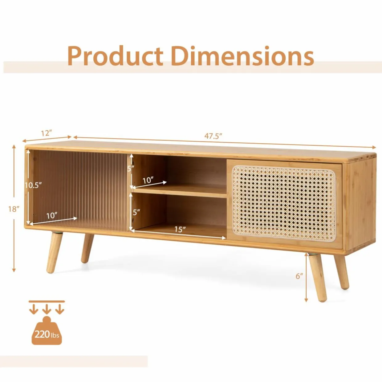 Tangkula Mid Century Modern TV Stand for TVs up to 55 Inch, Bamboo Entertainment Center w/PE Rattan & Tempered Glass Sliding Doors