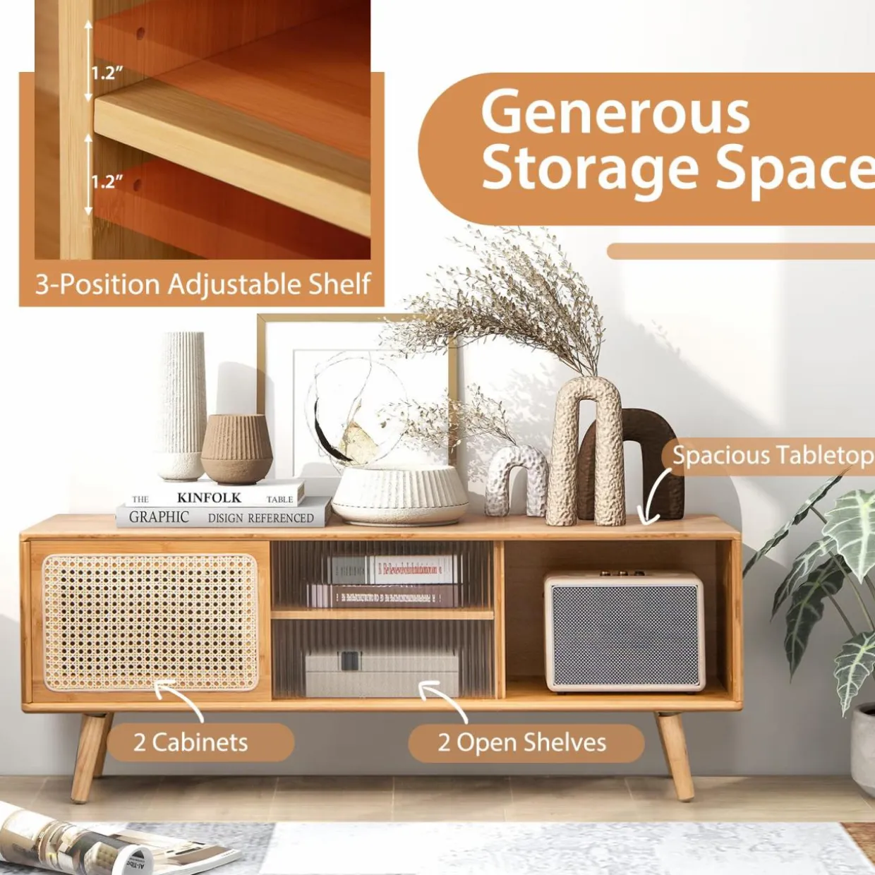 Tangkula Mid Century Modern TV Stand for TVs up to 55 Inch, Bamboo Entertainment Center w/PE Rattan & Tempered Glass Sliding Doors
