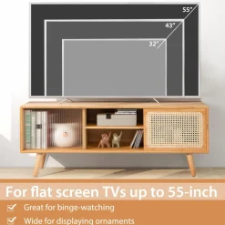 Tangkula Mid Century Modern TV Stand for TVs up to 55 Inch, Bamboo Entertainment Center w/PE Rattan & Tempered Glass Sliding Doors