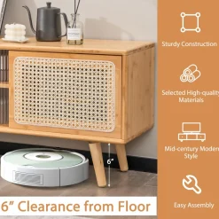 Tangkula Mid Century Modern TV Stand for TVs up to 55 Inch, Bamboo Entertainment Center w/PE Rattan & Tempered Glass Sliding Doors