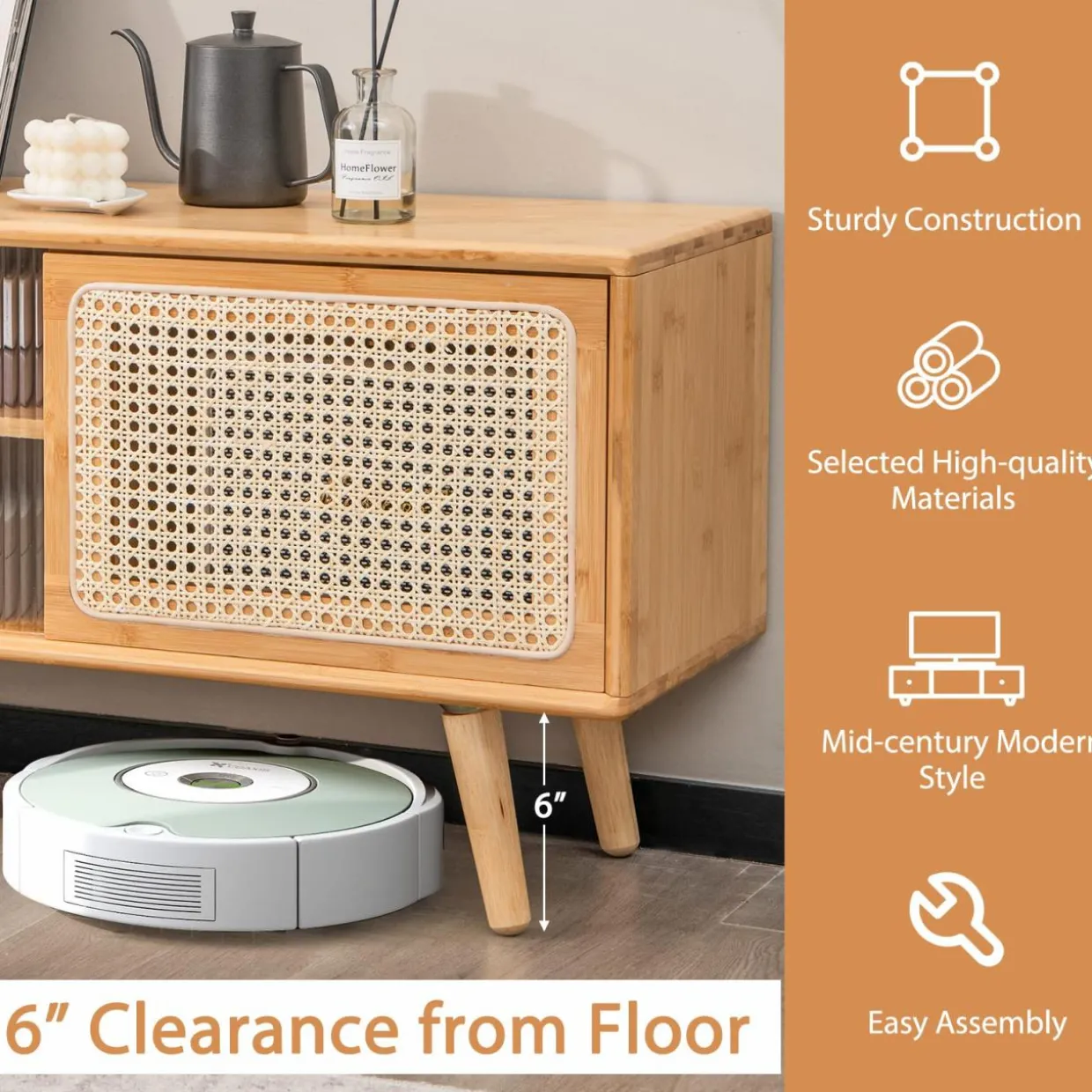 Tangkula Mid Century Modern TV Stand for TVs up to 55 Inch, Bamboo Entertainment Center w/PE Rattan & Tempered Glass Sliding Doors
