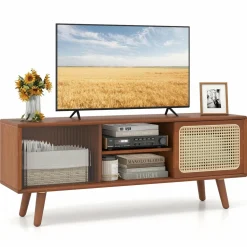 Tangkula Mid Century Modern TV Stand for TVs up to 55 Inch, Bamboo Entertainment Center w/PE Rattan & Tempered Glass Sliding Doors