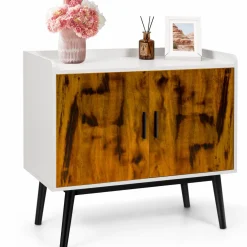 Tangkula Mid Century Storage Cabinet, Floor Storage Cabinet with 2 Doors & Metal Legs, Rustic Brown