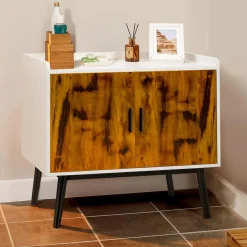 Tangkula Mid Century Storage Cabinet, Floor Storage Cabinet with 2 Doors & Metal Legs, Rustic Brown