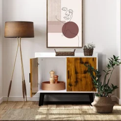 Tangkula Mid Century Storage Cabinet, Floor Storage Cabinet with 2 Doors & Metal Legs, Rustic Brown