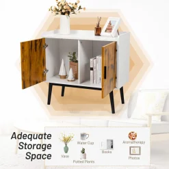 Tangkula Mid Century Storage Cabinet, Floor Storage Cabinet with 2 Doors & Metal Legs, Rustic Brown