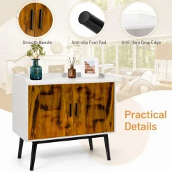 Tangkula Mid Century Storage Cabinet, Floor Storage Cabinet with 2 Doors & Metal Legs, Rustic Brown
