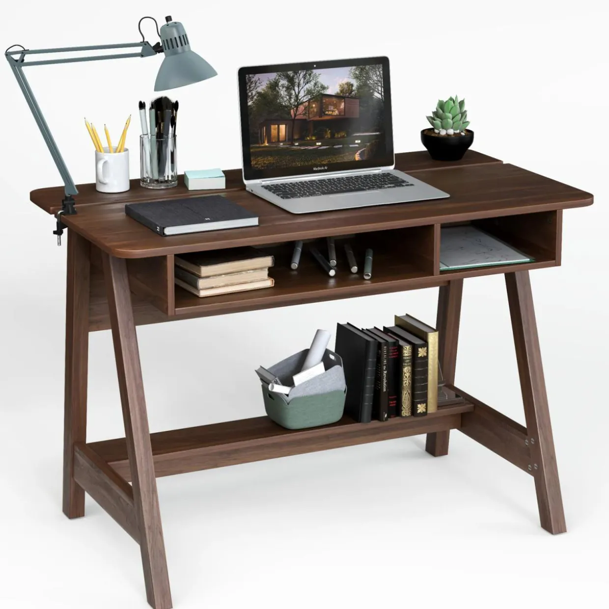 Tangkula Mid Century Writing Desk with Storage Cubes & Hidden Compartment