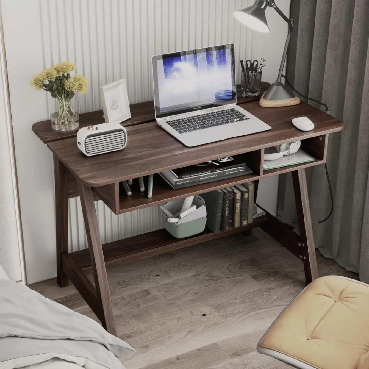 Tangkula Mid Century Writing Desk with Storage Cubes & Hidden Compartment