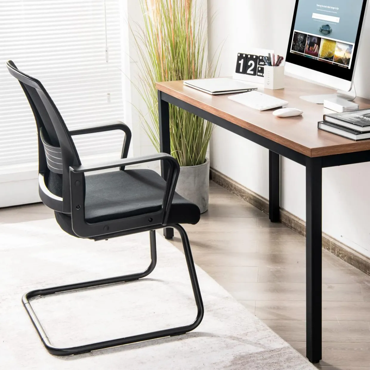 Tangkula Mid Mesh Back Office Guest Chair Chair W/Adjustable Lumbar Support & Sled Base
