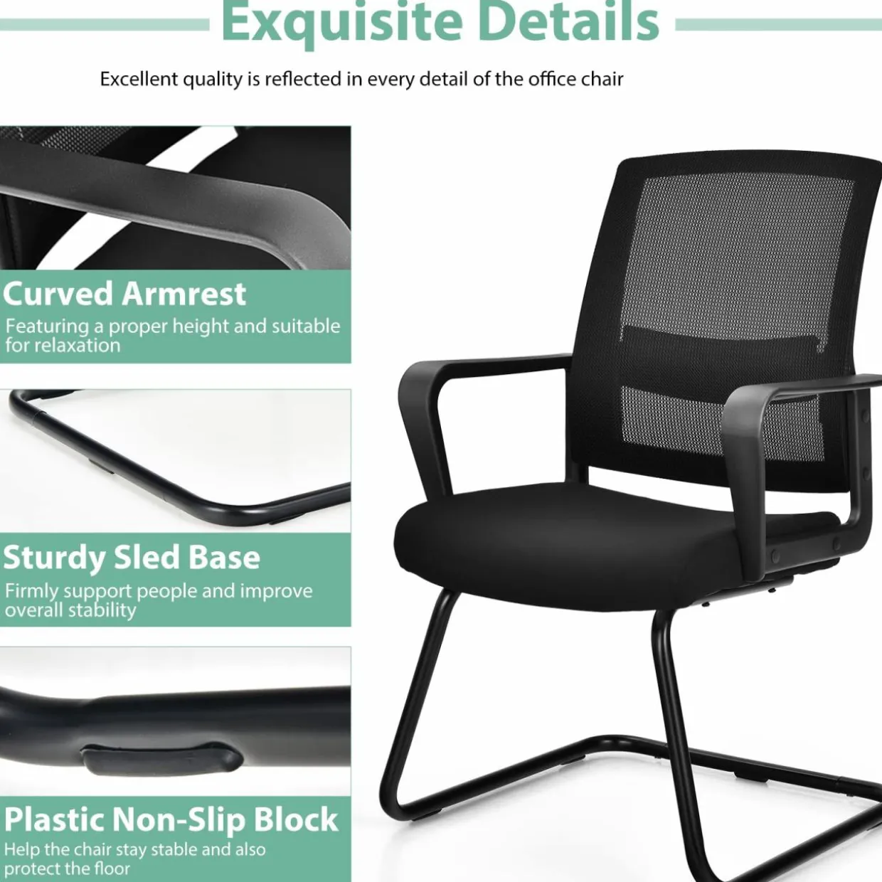 Tangkula Mid Mesh Back Office Guest Chair Chair W/Adjustable Lumbar Support & Sled Base