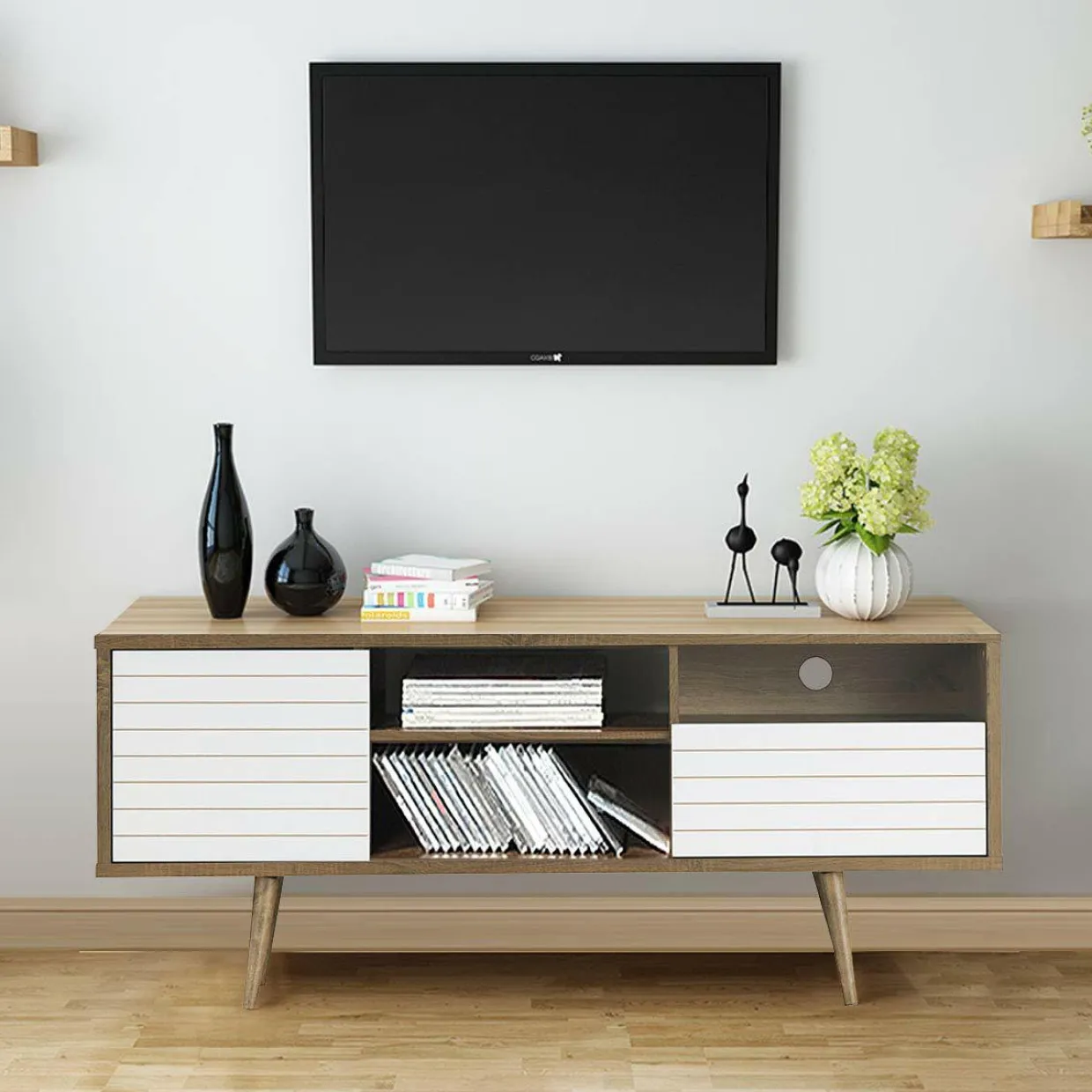 Tangkula Mid-Century Modern TV Stand for TVs up to 65 Inch, Wooden TV Console Table with Storage Shelves