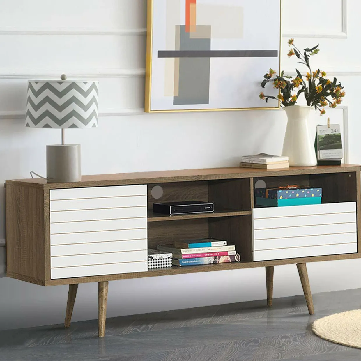 Tangkula Mid-Century Modern TV Stand for TVs up to 65 Inch, Wooden TV Console Table with Storage Shelves