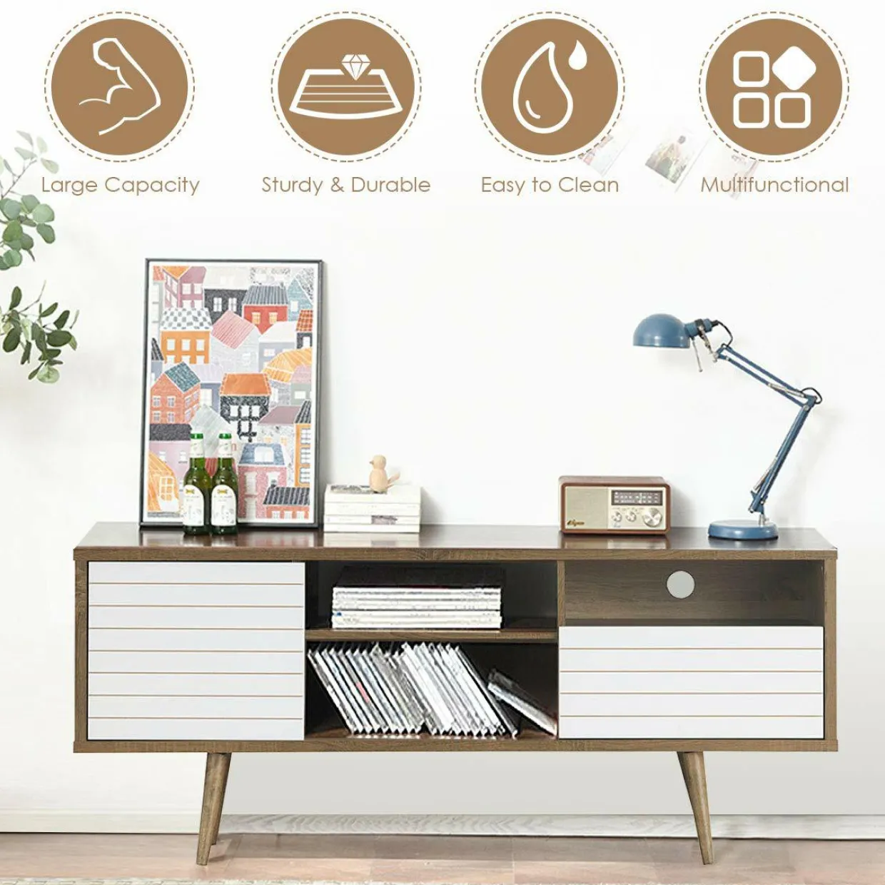 Tangkula Mid-Century Modern TV Stand for TVs up to 65 Inch, Wooden TV Console Table with Storage Shelves