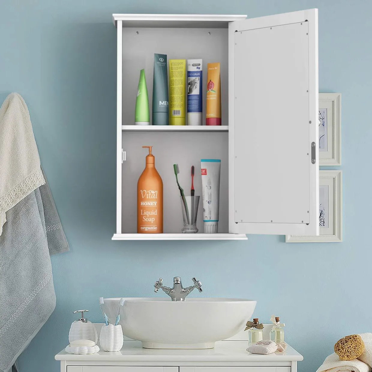 Tangkula Mirrored Bathroom Cabinet, Wall Mount Storage Cabinet with Single Door