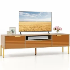 Tangkula Mirrored TV Stand for TV up to 65”, Modern TV Console Table w/Spacious Tabletop