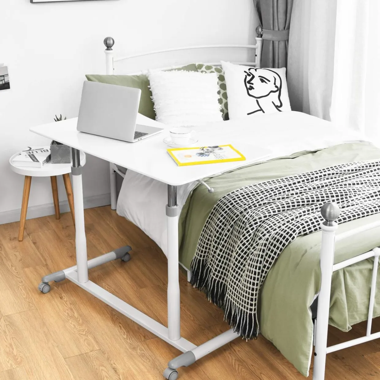 Tangkula Mobile Computer Desk with Steel Frame, Small Height Adjustable Rolling Compact Stand Up Desk on Wheels