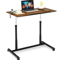 Tangkula Mobile Computer Desk with Steel Frame, Small Height Adjustable Rolling Compact Stand Up Desk on Wheels