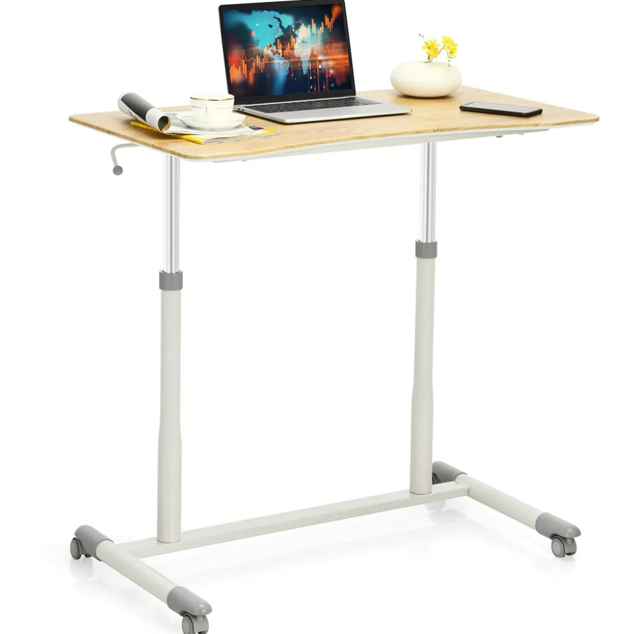 Tangkula Mobile Computer Desk with Steel Frame, Small Height Adjustable Rolling Compact Stand Up Desk on Wheels