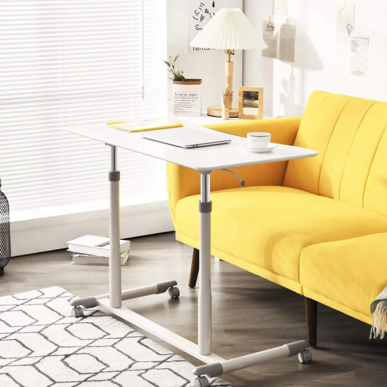 Tangkula Mobile Computer Desk with Steel Frame, Small Height Adjustable Rolling Compact Stand Up Desk on Wheels