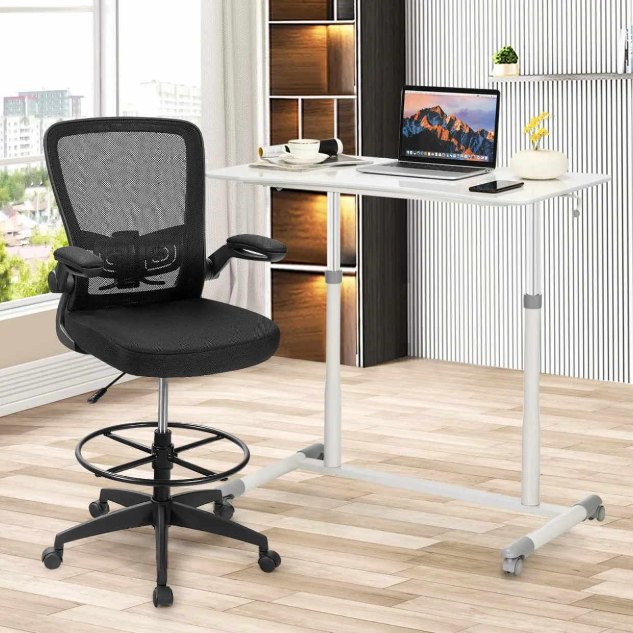 Tangkula Mobile Computer Desk with Steel Frame, Small Height Adjustable Rolling Compact Stand Up Desk on Wheels