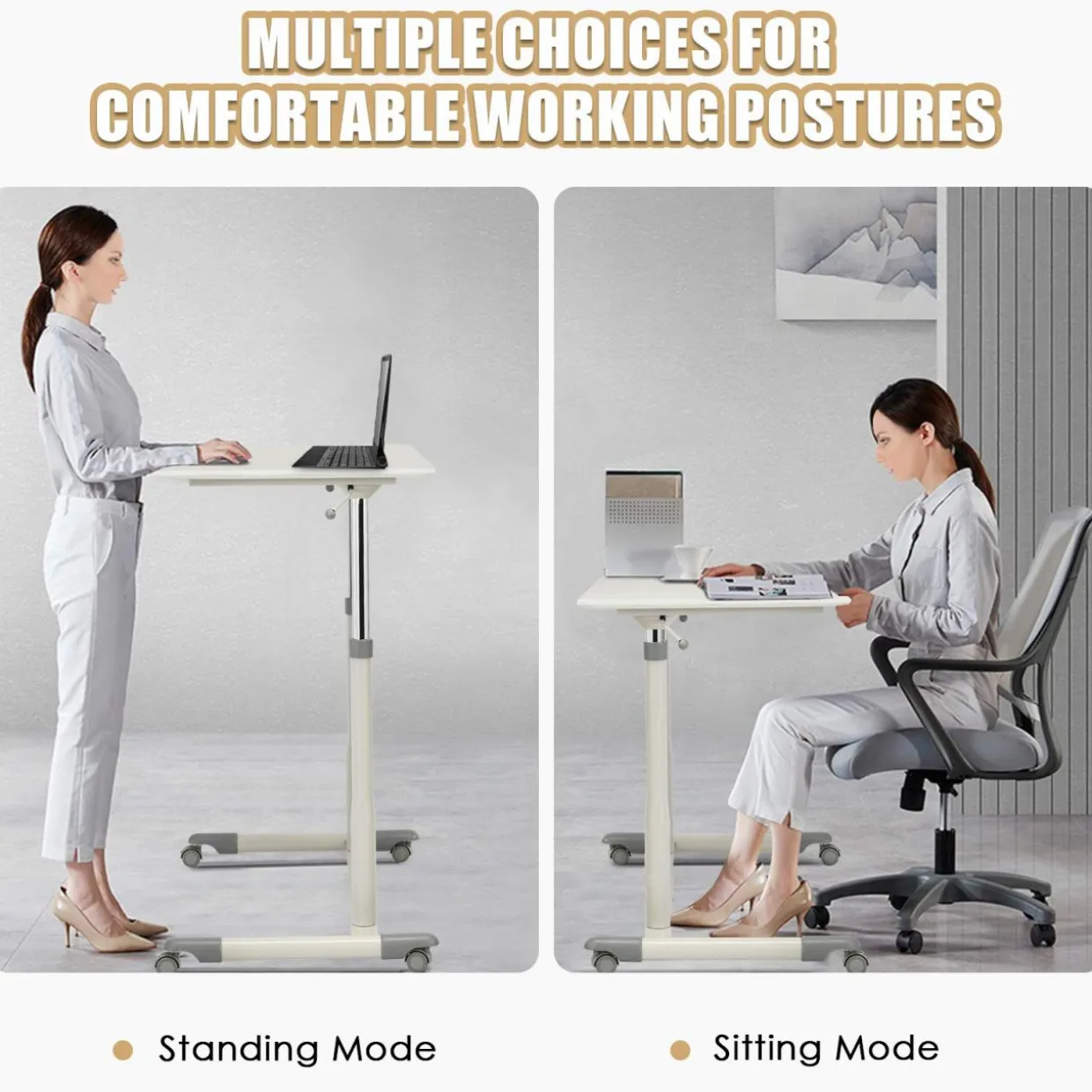 Tangkula Mobile Computer Desk with Steel Frame, Small Height Adjustable Rolling Compact Stand Up Desk on Wheels