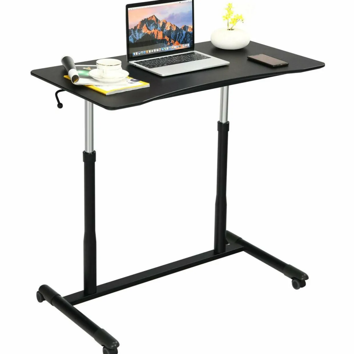 Tangkula Mobile Computer Desk with Steel Frame, Small Height Adjustable Rolling Compact Stand Up Desk on Wheels