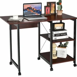 Tangkula Mobile Folding Computer Desk, Modern Writing Desk w/ 2-Tier Storage Shelves