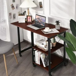 Tangkula Mobile Folding Computer Desk, Modern Writing Desk w/ 2-Tier Storage Shelves