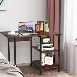 Tangkula Mobile Folding Computer Desk, Modern Writing Desk w/ 2-Tier Storage Shelves