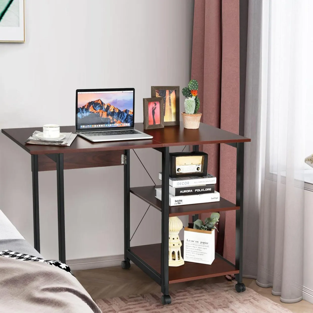 Tangkula Mobile Folding Computer Desk, Modern Writing Desk w/ 2-Tier Storage Shelves