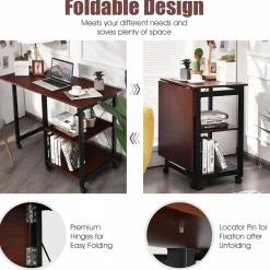Tangkula Mobile Folding Computer Desk, Modern Writing Desk w/ 2-Tier Storage Shelves