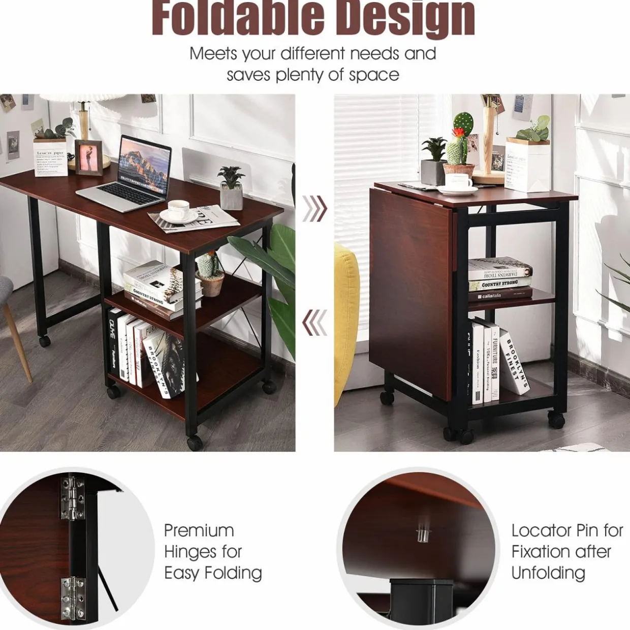 Tangkula Mobile Folding Computer Desk, Modern Writing Desk w/ 2-Tier Storage Shelves