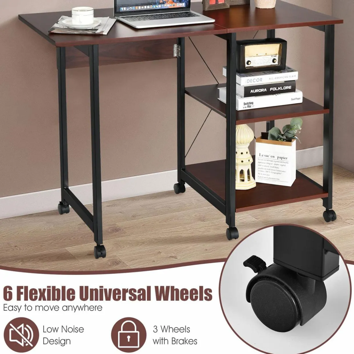 Tangkula Mobile Folding Computer Desk, Modern Writing Desk w/ 2-Tier Storage Shelves
