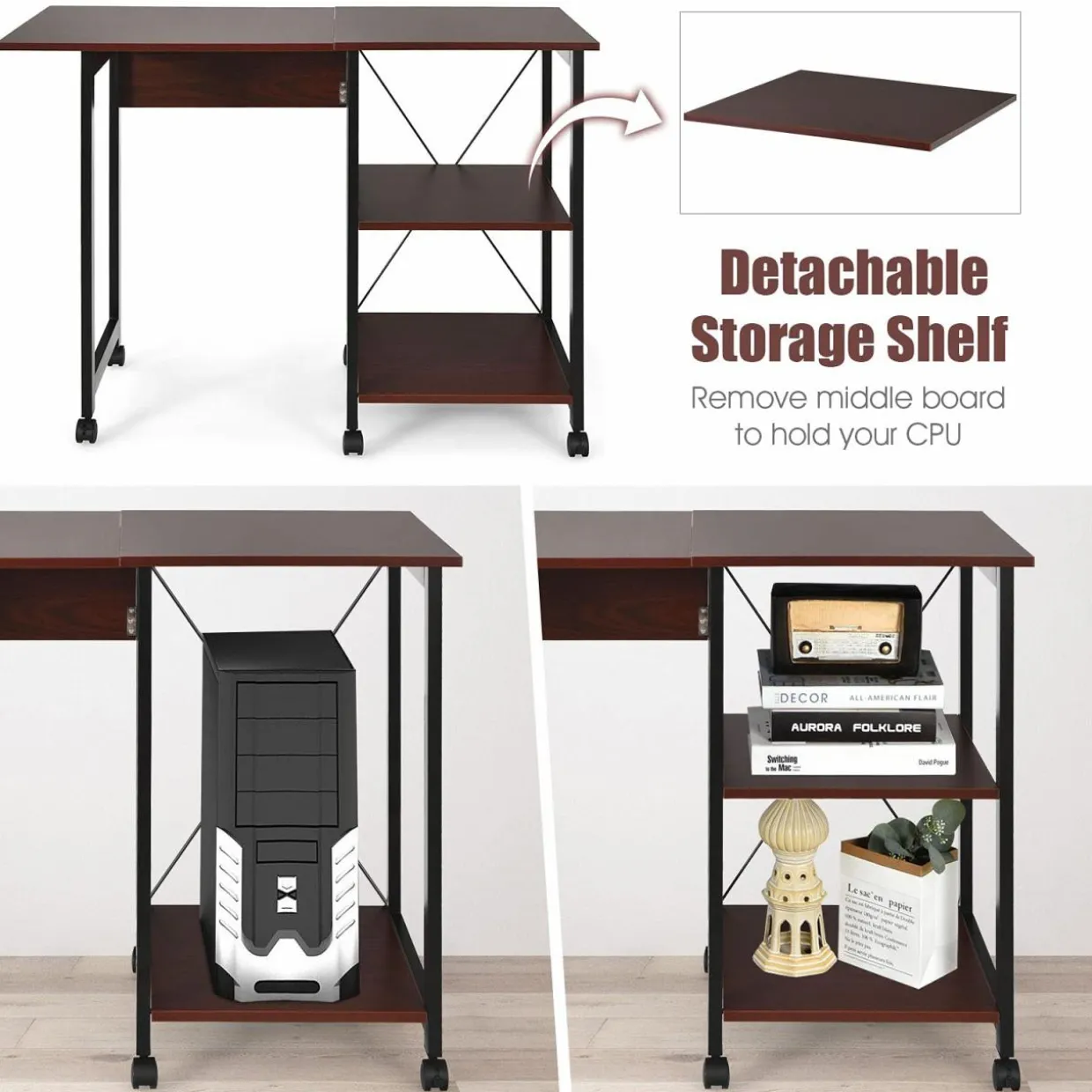 Tangkula Mobile Folding Computer Desk, Modern Writing Desk w/ 2-Tier Storage Shelves