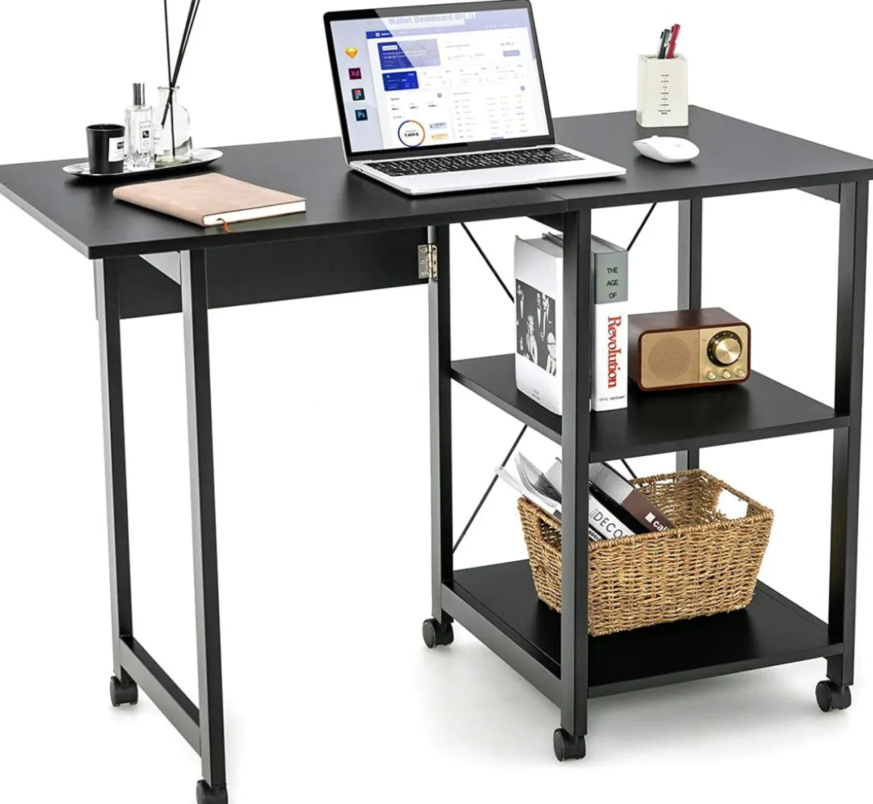 Tangkula Mobile Folding Computer Desk, Modern Writing Desk w/ 2-Tier Storage Shelves