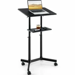 Tangkula Mobile Lectern Podium, Height-Adjustable Rolling Laptop cart with Tilting Top, Storage Tray & Cup Holder
