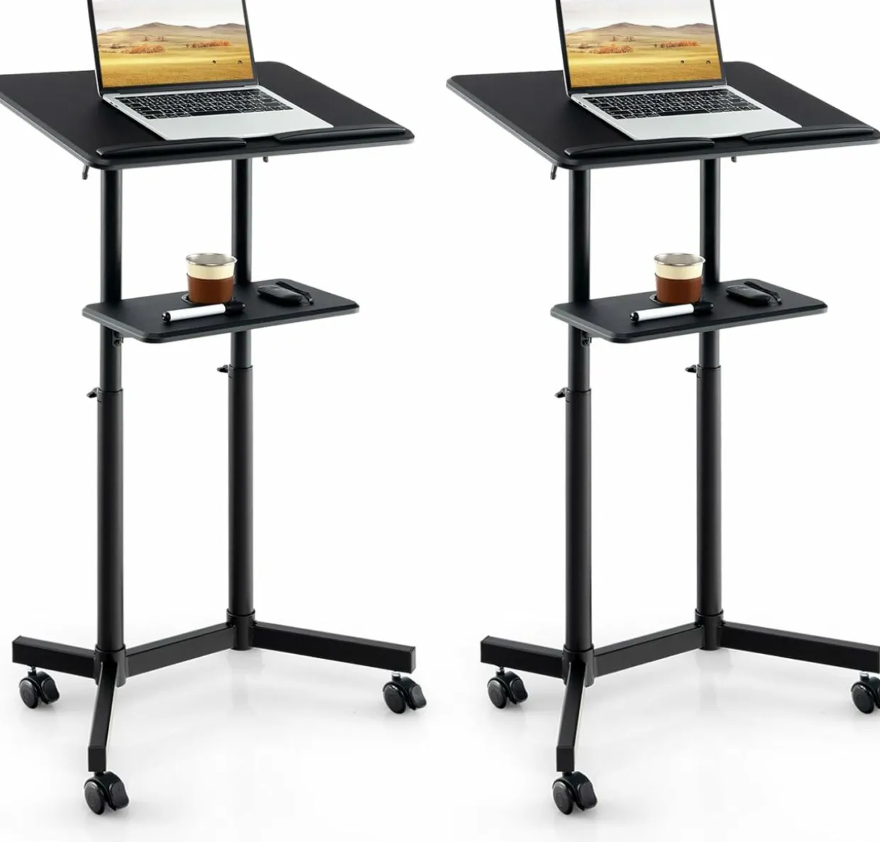 Tangkula Mobile Lectern Podium, Height-Adjustable Rolling Laptop cart with Tilting Top, Storage Tray & Cup Holder