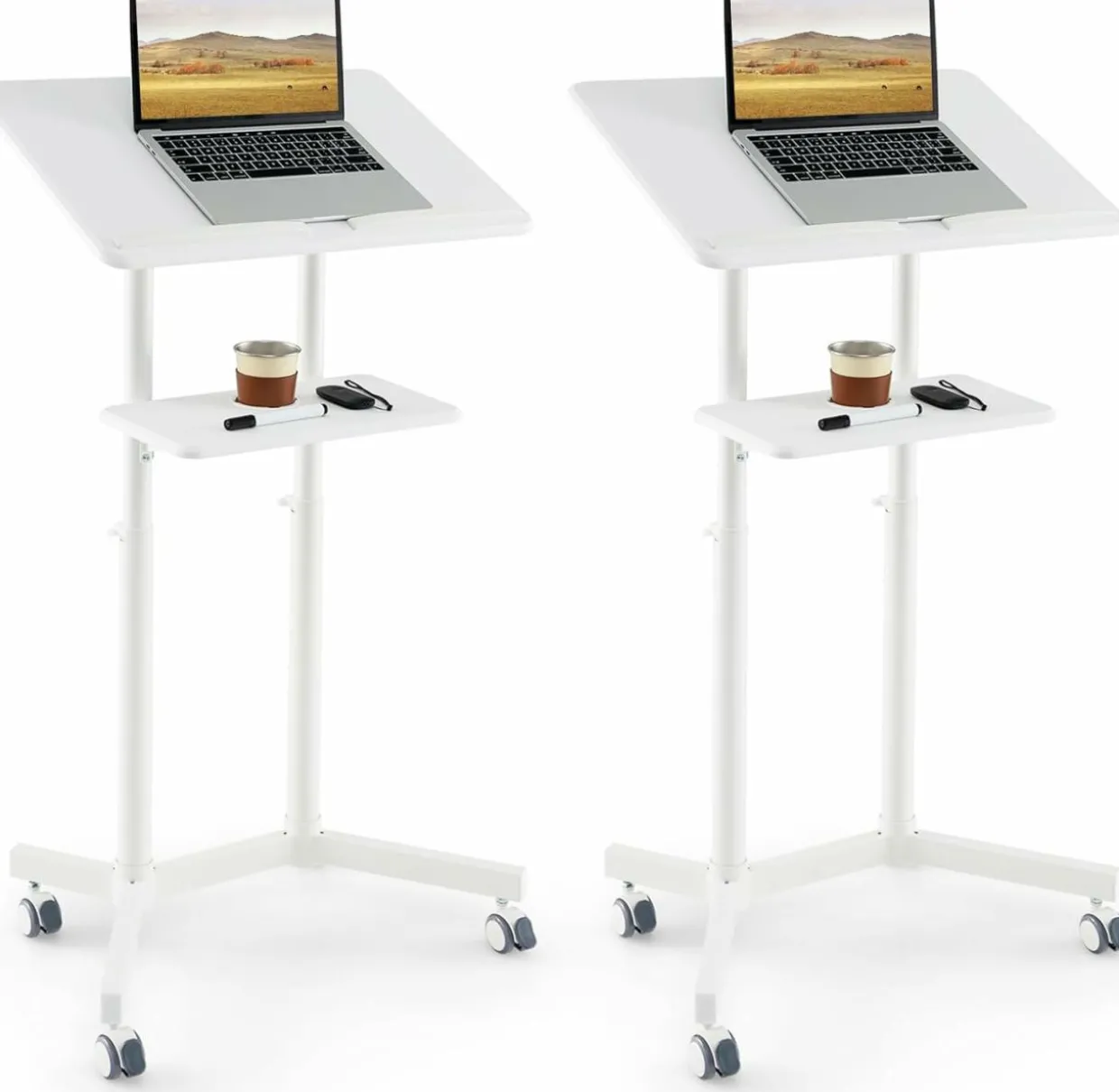 Tangkula Mobile Lectern Podium, Height-Adjustable Rolling Laptop cart with Tilting Top, Storage Tray & Cup Holder