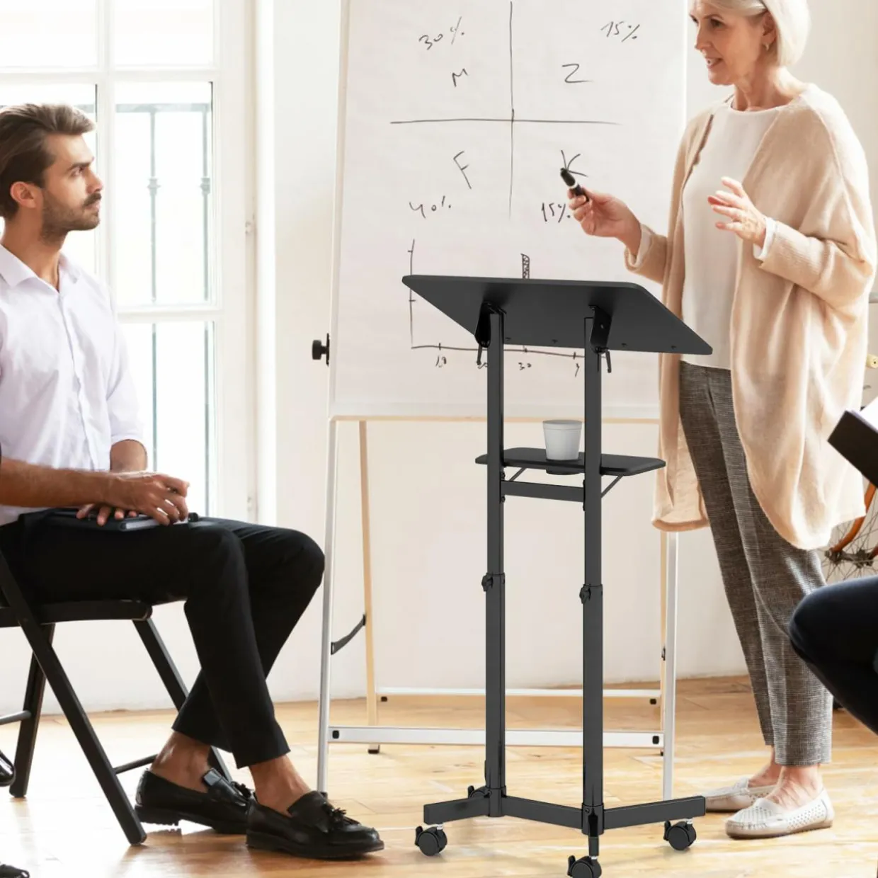 Tangkula Mobile Lectern Podium, Height-Adjustable Rolling Laptop cart with Tilting Top, Storage Tray & Cup Holder
