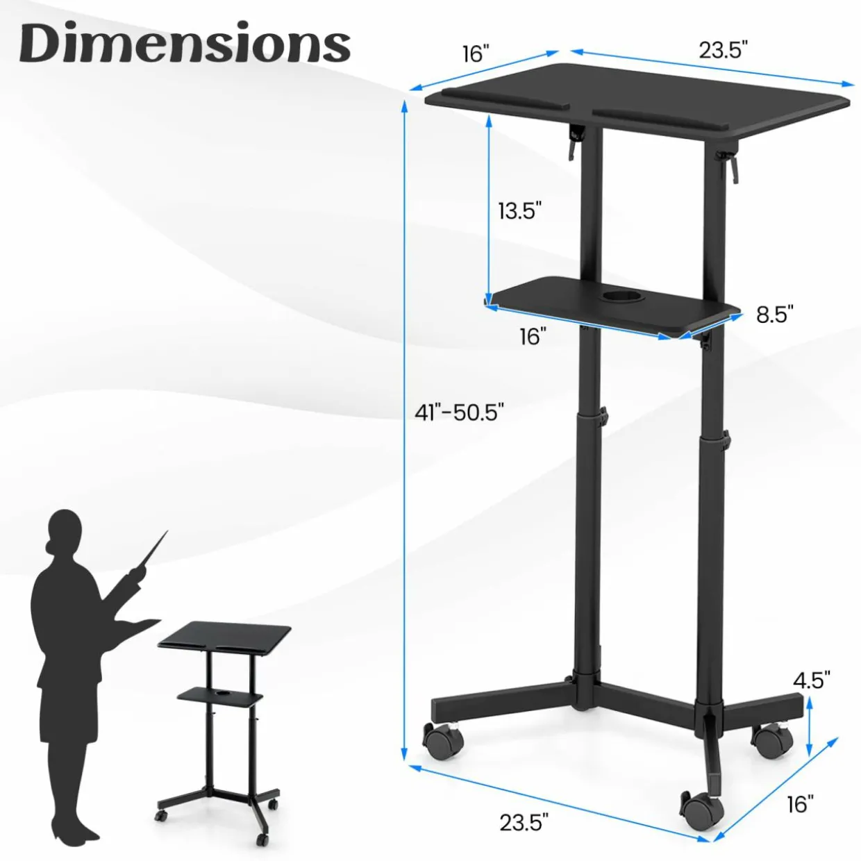 Tangkula Mobile Lectern Podium, Height-Adjustable Rolling Laptop cart with Tilting Top, Storage Tray & Cup Holder