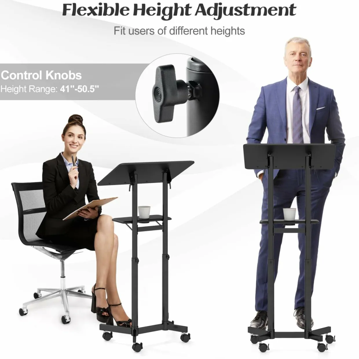 Tangkula Mobile Lectern Podium, Height-Adjustable Rolling Laptop cart with Tilting Top, Storage Tray & Cup Holder