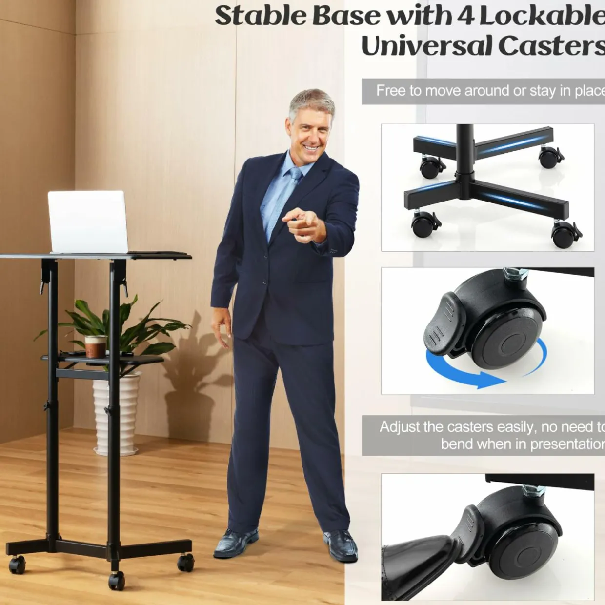 Tangkula Mobile Lectern Podium, Height-Adjustable Rolling Laptop cart with Tilting Top, Storage Tray & Cup Holder