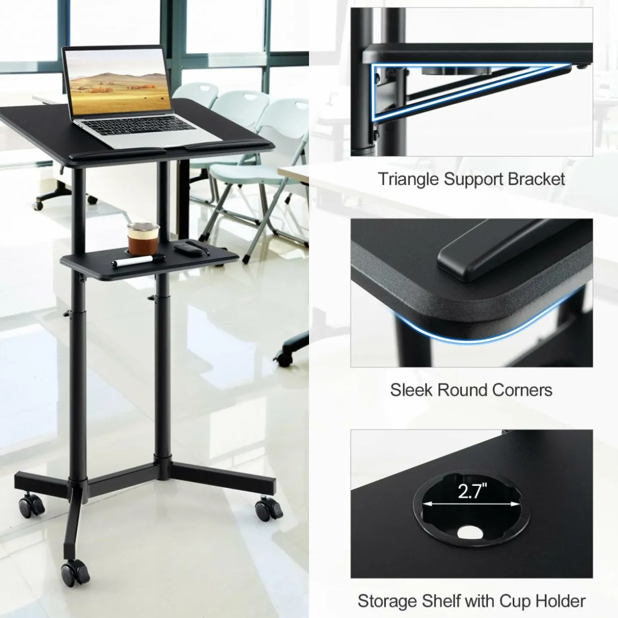 Tangkula Mobile Lectern Podium, Height-Adjustable Rolling Laptop cart with Tilting Top, Storage Tray & Cup Holder