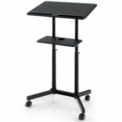 Tangkula Mobile Lectern Podium, Height-Adjustable Rolling Laptop cart with Tilting Top, Storage Tray & Cup Holder