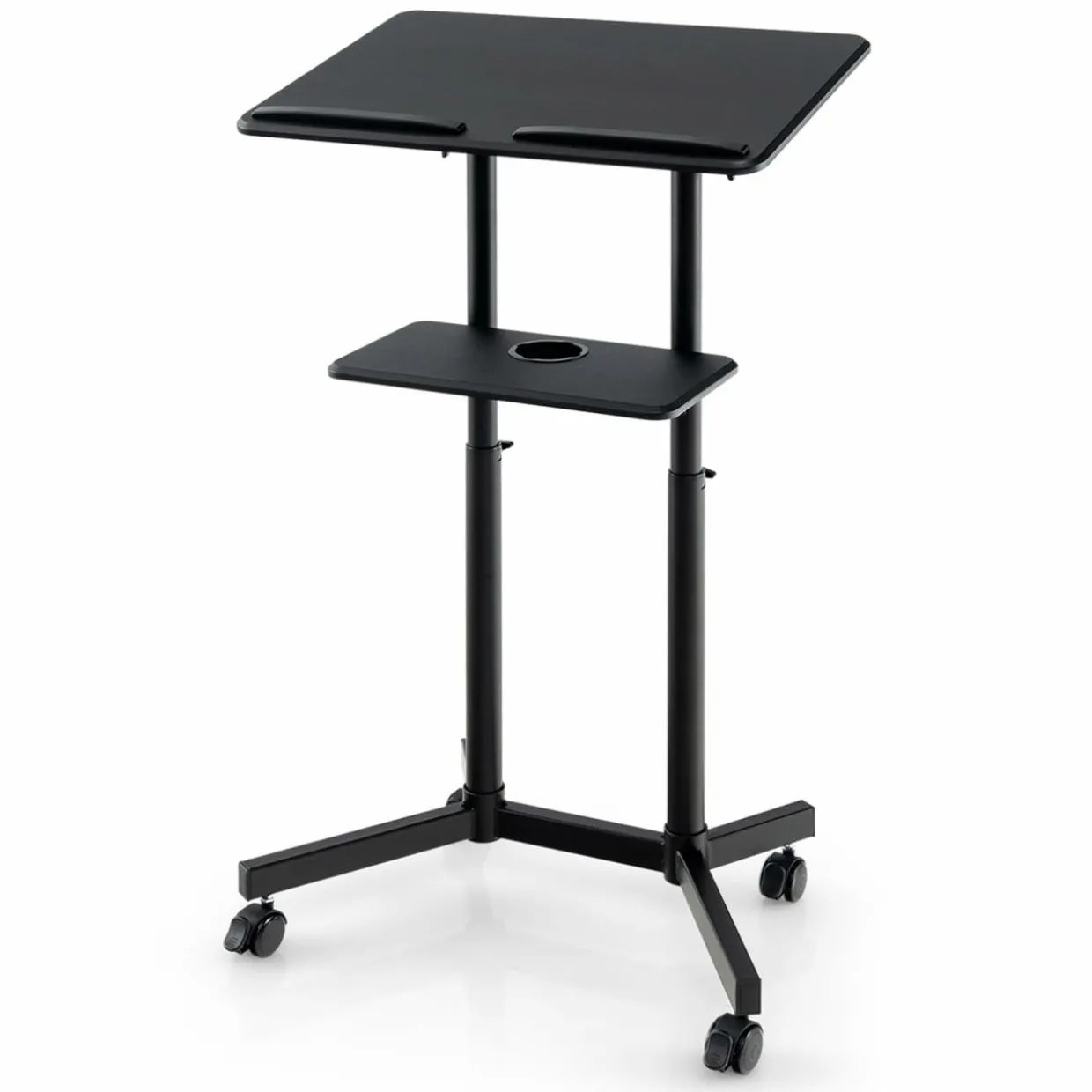 Tangkula Mobile Lectern Podium, Height-Adjustable Rolling Laptop cart with Tilting Top, Storage Tray & Cup Holder