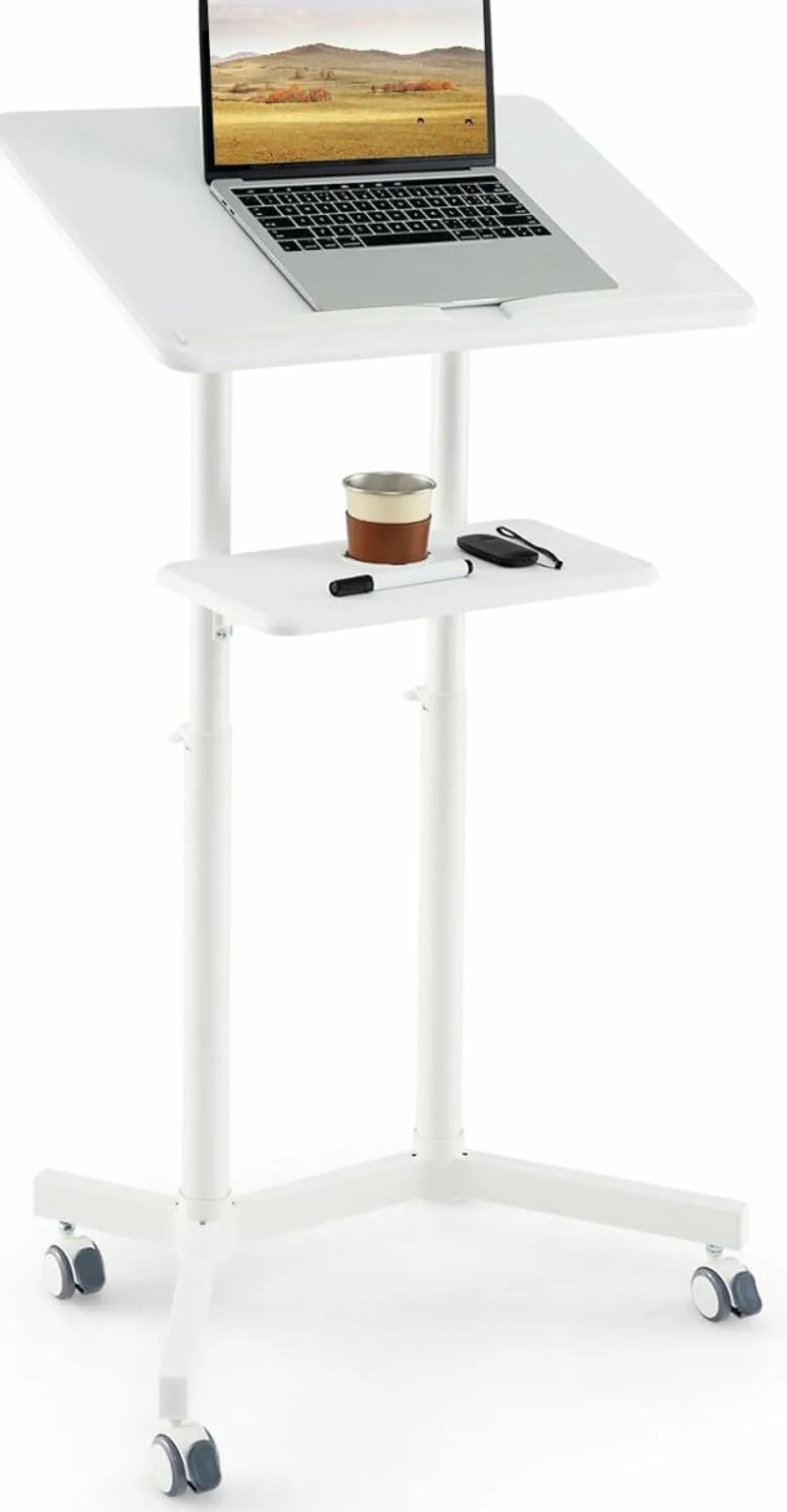 Tangkula Mobile Lectern Podium, Height-Adjustable Rolling Laptop cart with Tilting Top, Storage Tray & Cup Holder