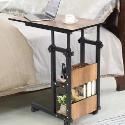 Tangkula Mobile Sofa Side Table, Height Adjustable C-Shape Rolling Snack End Table with Storage Shelves for Sofa Couch