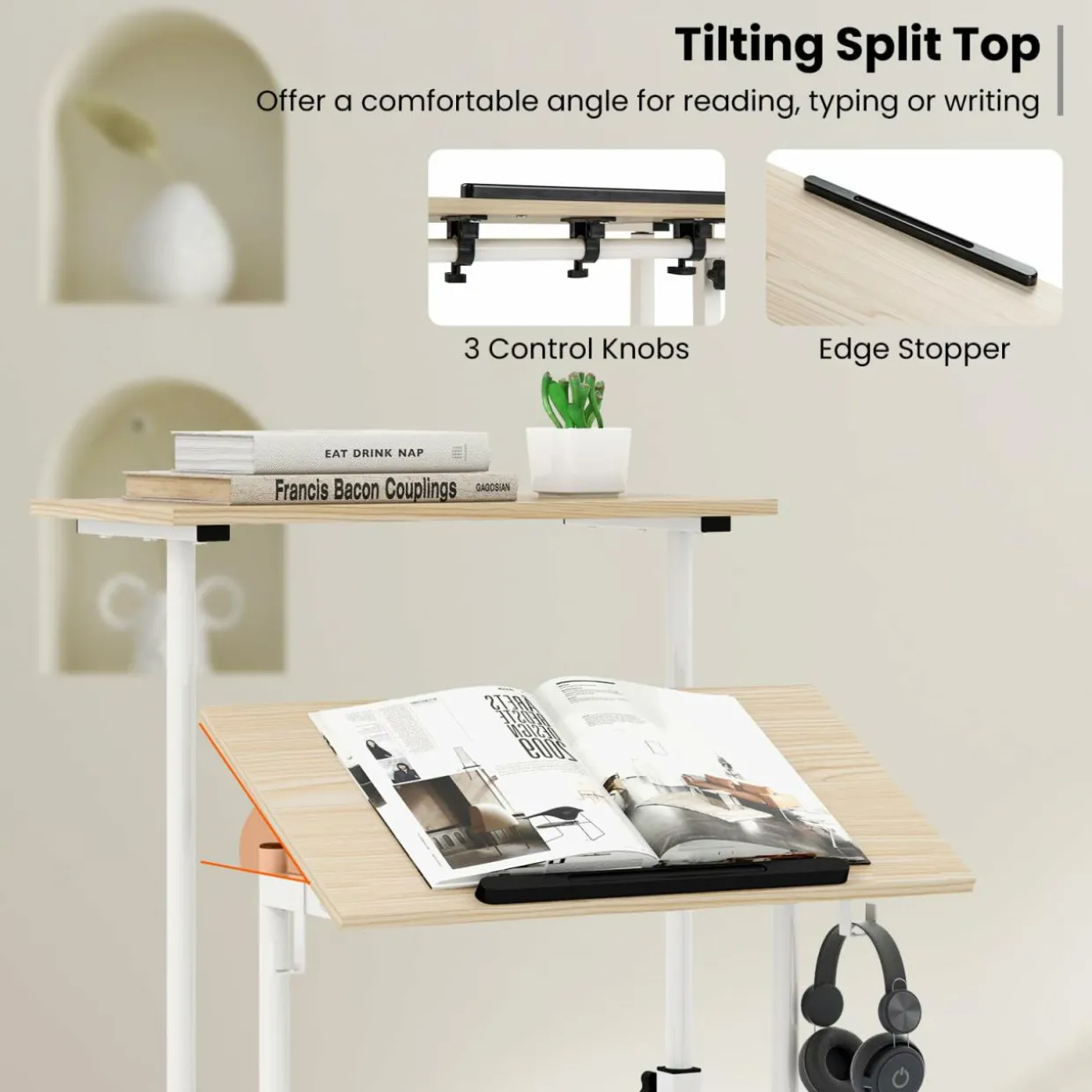 Tangkula Mobile Stand Up Desk, Adjustable Computer Desk, Height Adjustable and Special Tilting Surface Design